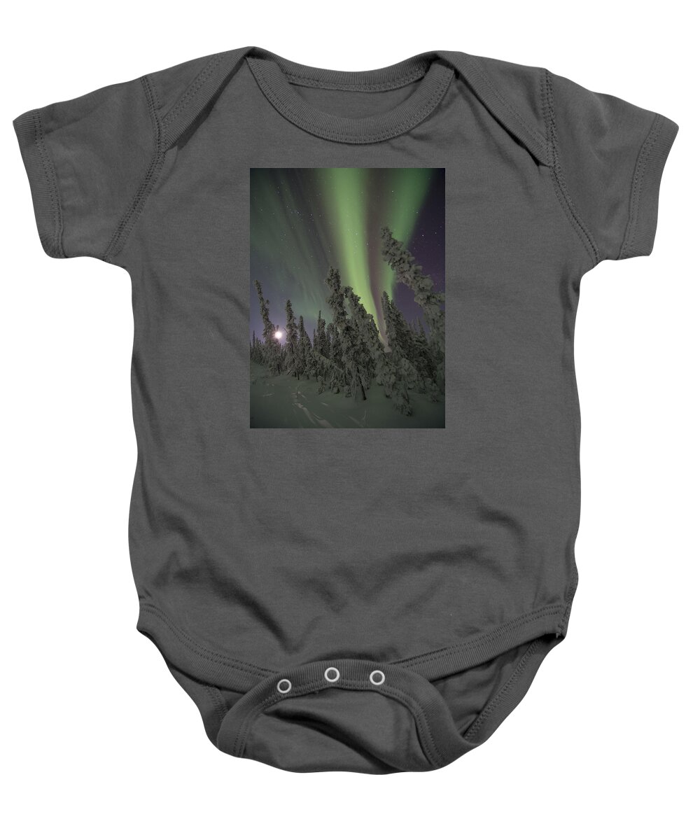 40 Below Baby Onesie featuring the photograph Moon on the Hill by Ian Johnson
