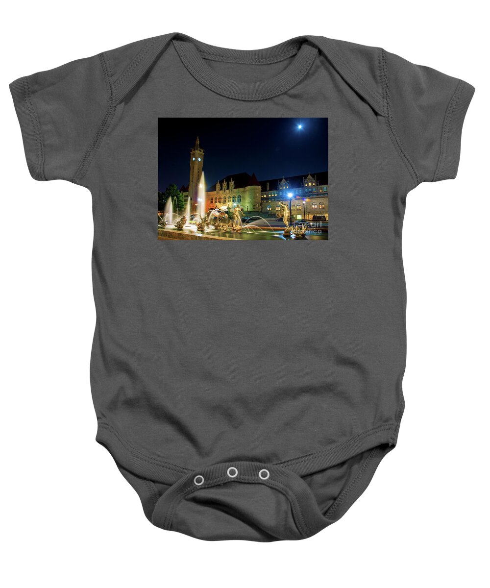 St Louis Baby Onesie featuring the photograph Moon Over The Station by Tim Mulina