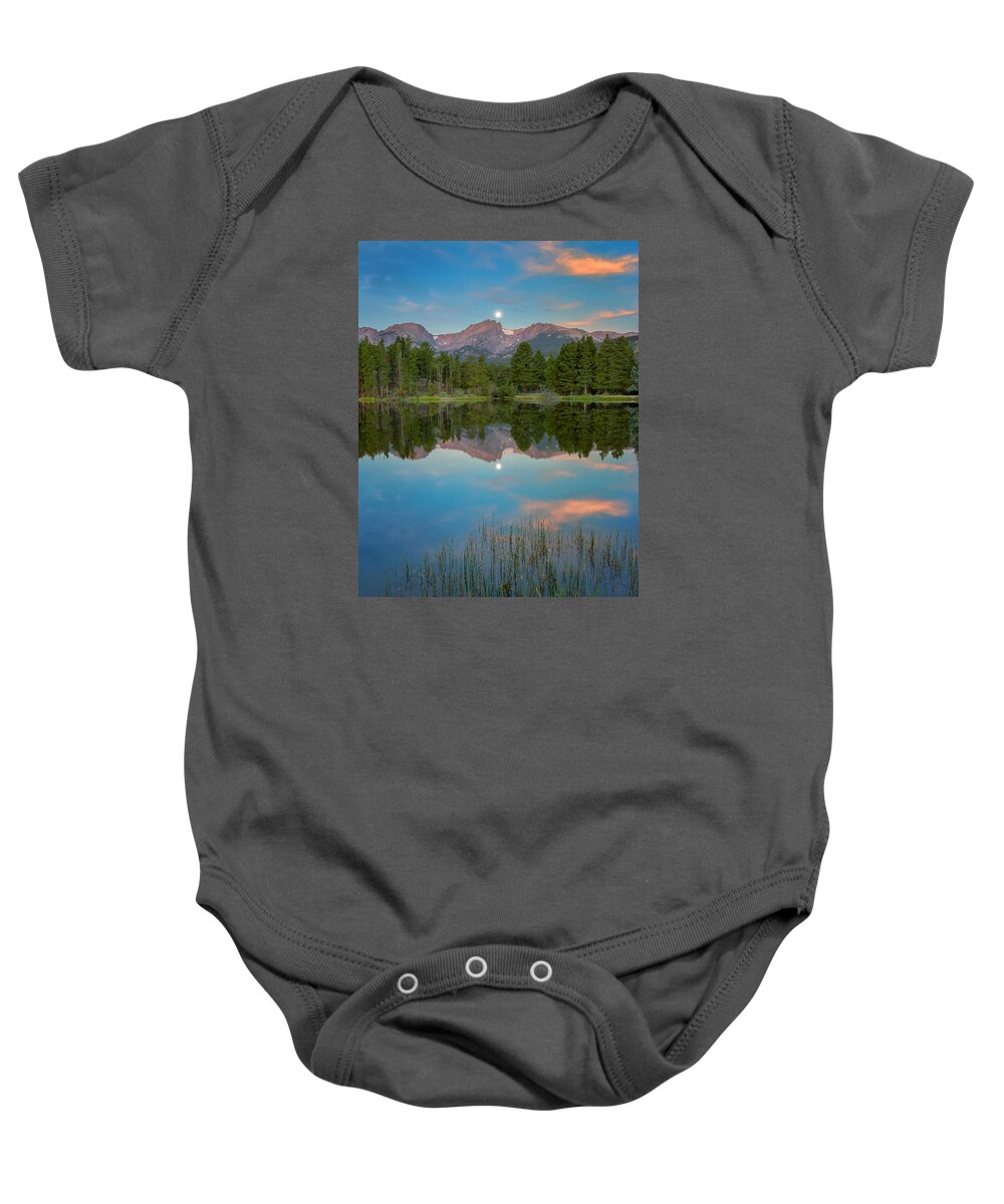 Colorado Baby Onesie featuring the photograph Full Moon Set Over Sprague Lake by John Vose