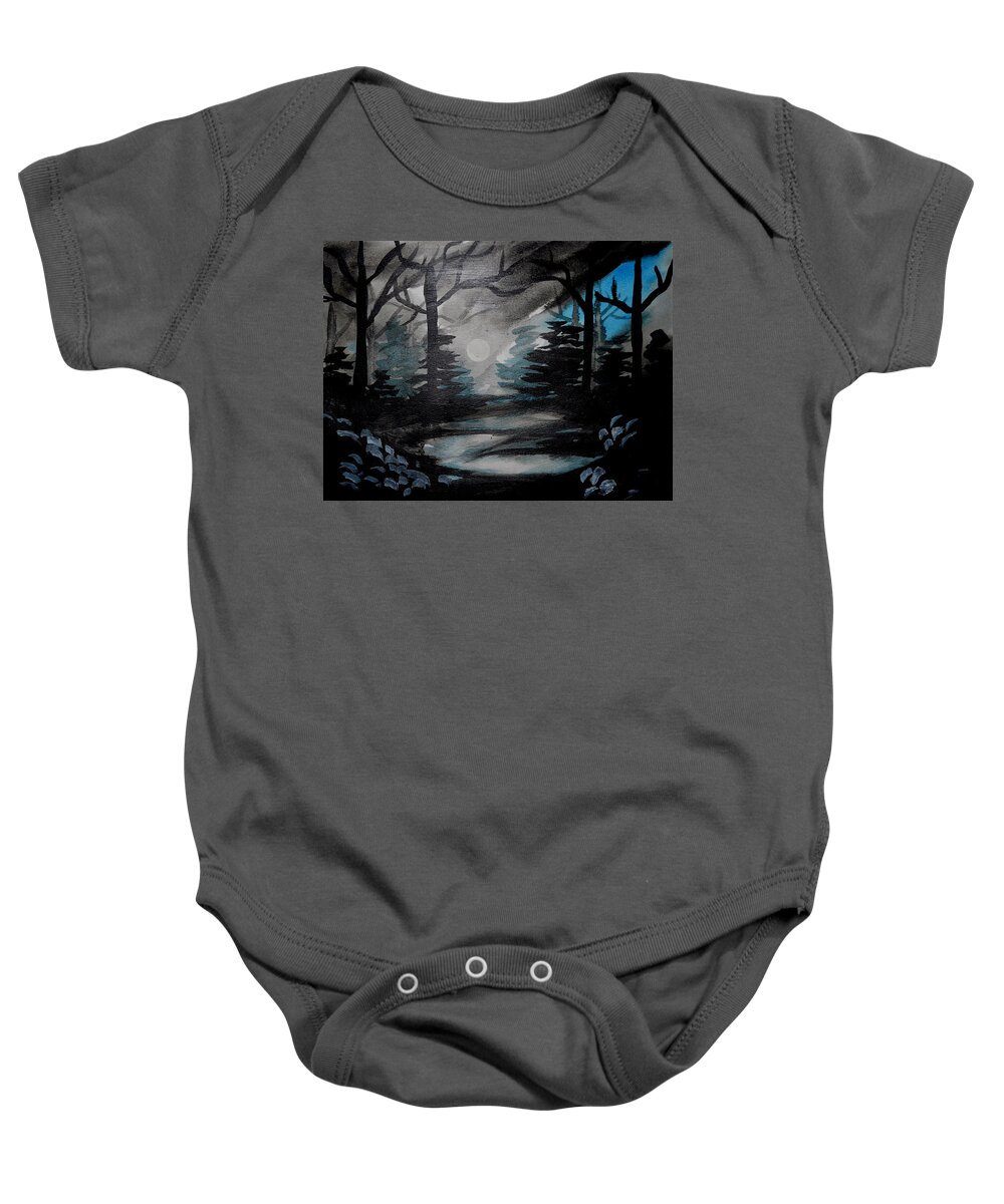 Watercolor Baby Onesie featuring the painting Moonlit Midnight Forest by Carol Crisafi