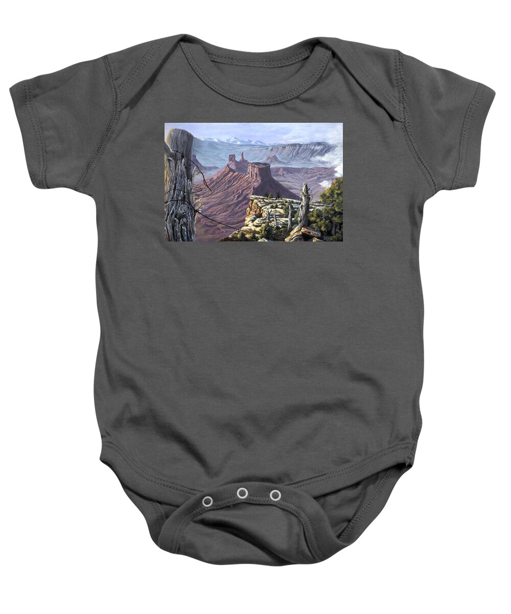 Landscape Baby Onesie featuring the painting Morning Boundaries by Page Holland