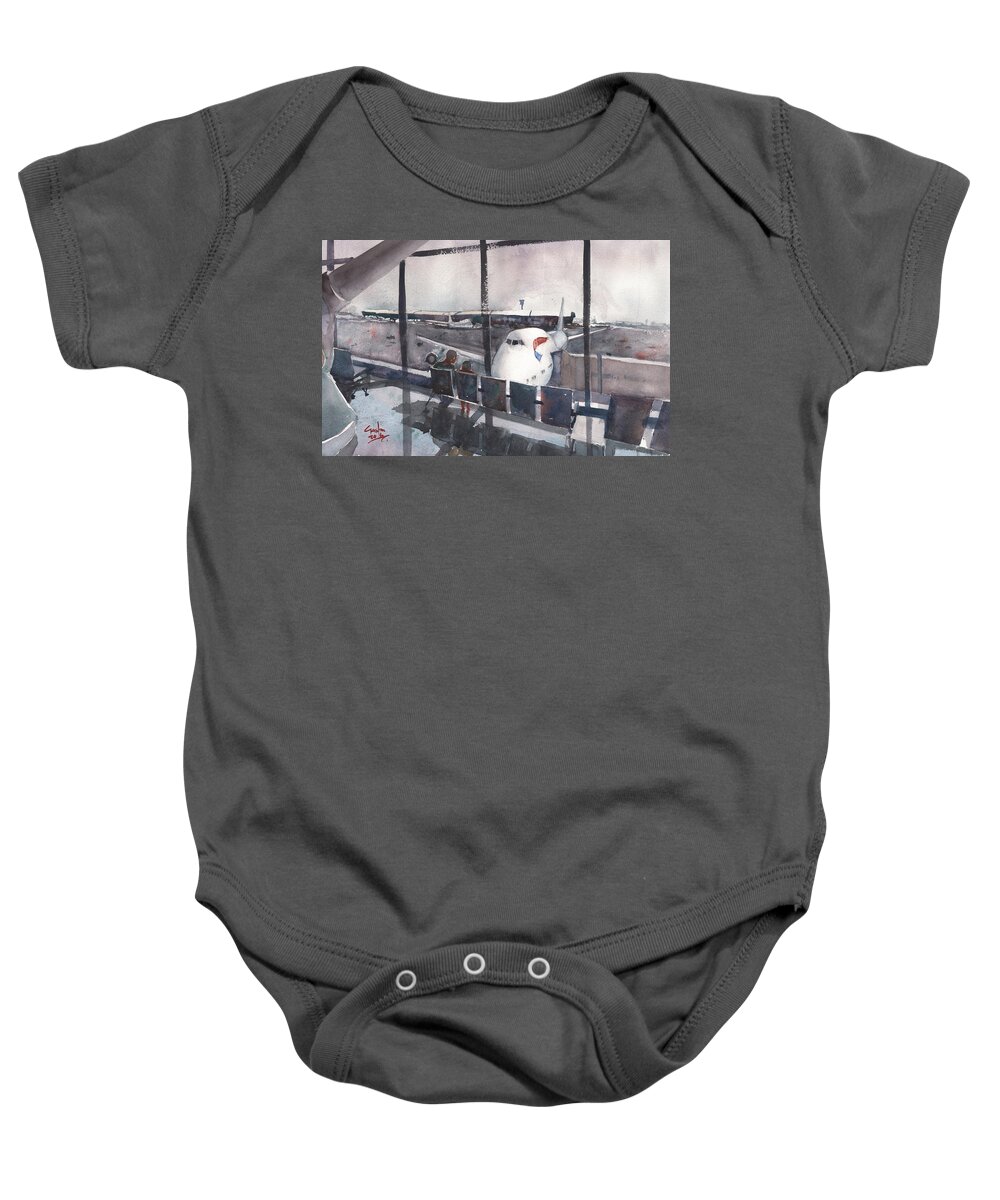 Airport Baby Onesie featuring the painting Morning over Heathrow by Gaston McKenzie