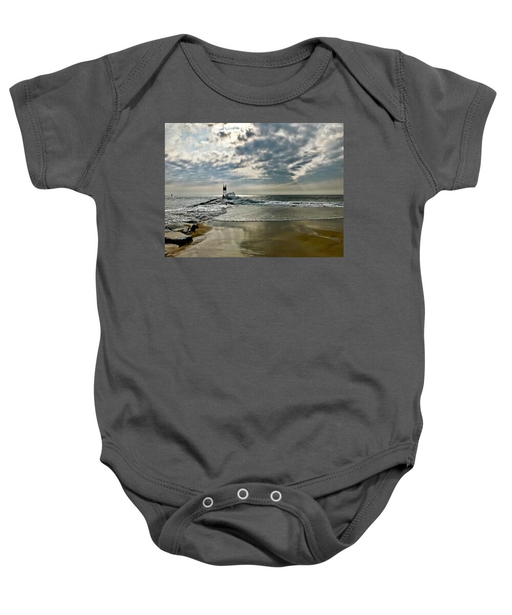 Jetty Baby Onesie featuring the photograph Morning Tide on the Jetty by Shawn M Greener