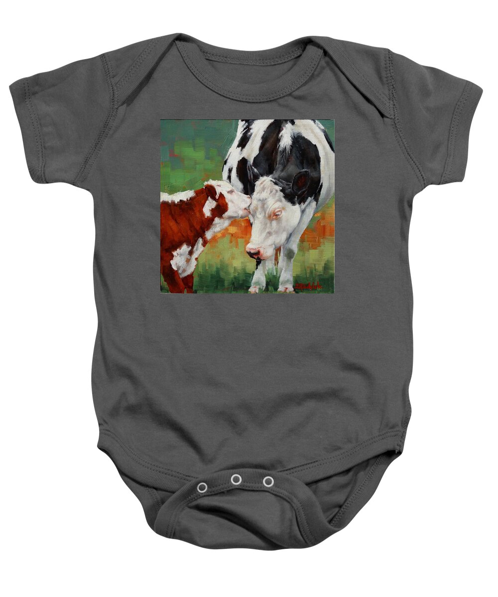 Calf Baby Onesie featuring the painting Mothers Little Helper by Margaret Stockdale