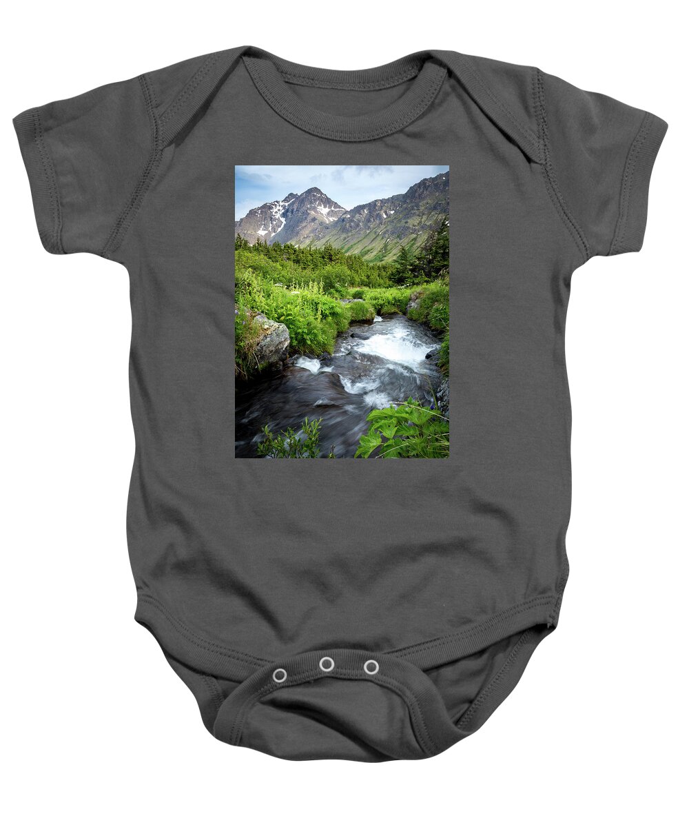 Alaska Baby Onesie featuring the photograph Mountain Creek in Early Summer by Tim Newton