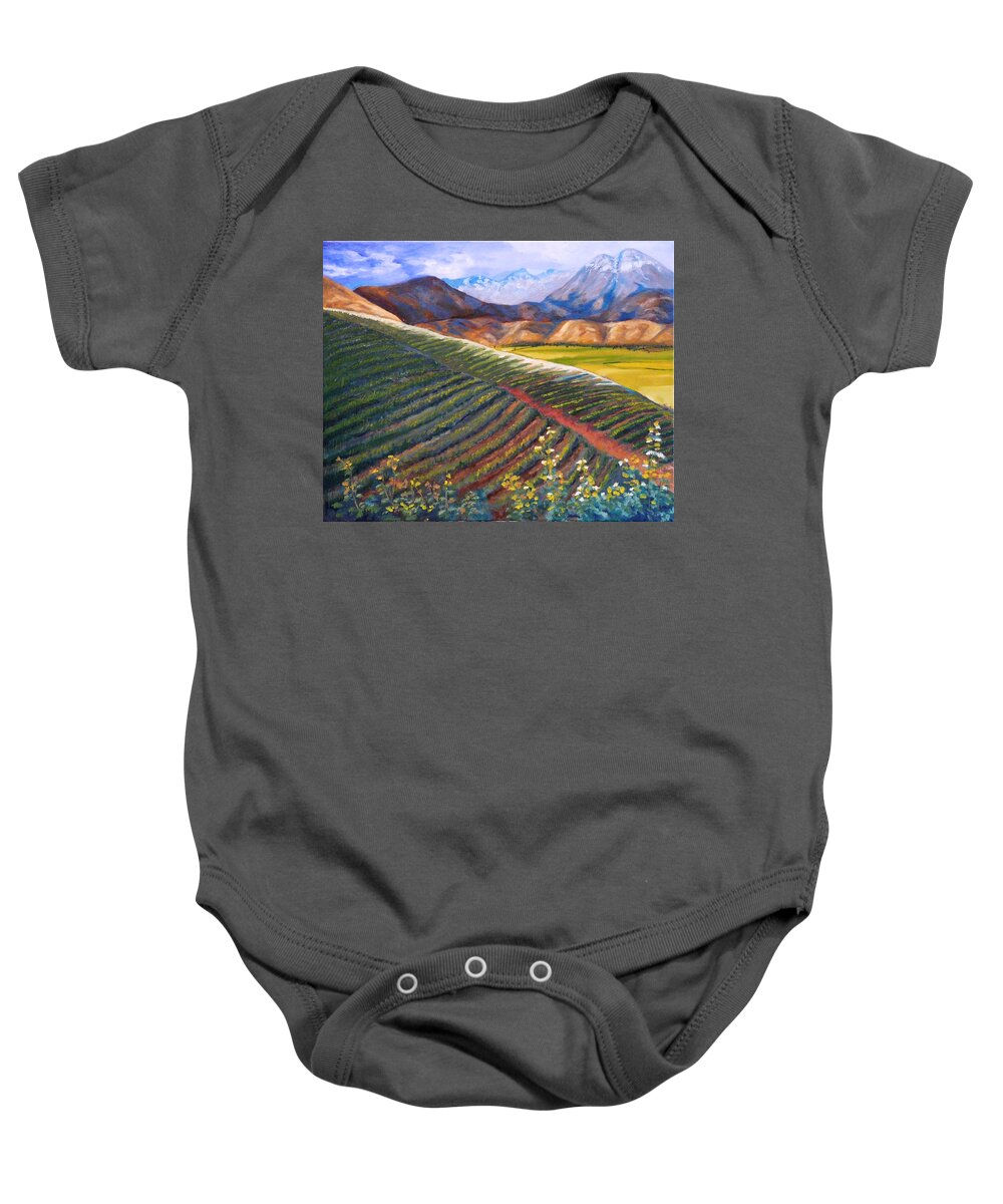 Farm Land Baby Onesie featuring the painting Mountain Farmland The Vineyard by Vic Ritchey