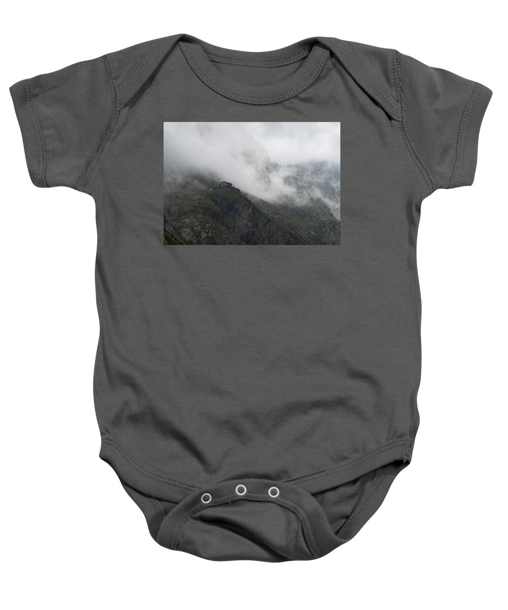 Mountain Baby Onesie featuring the photograph Mountain refuge in the clouds by Nicola Aristolao