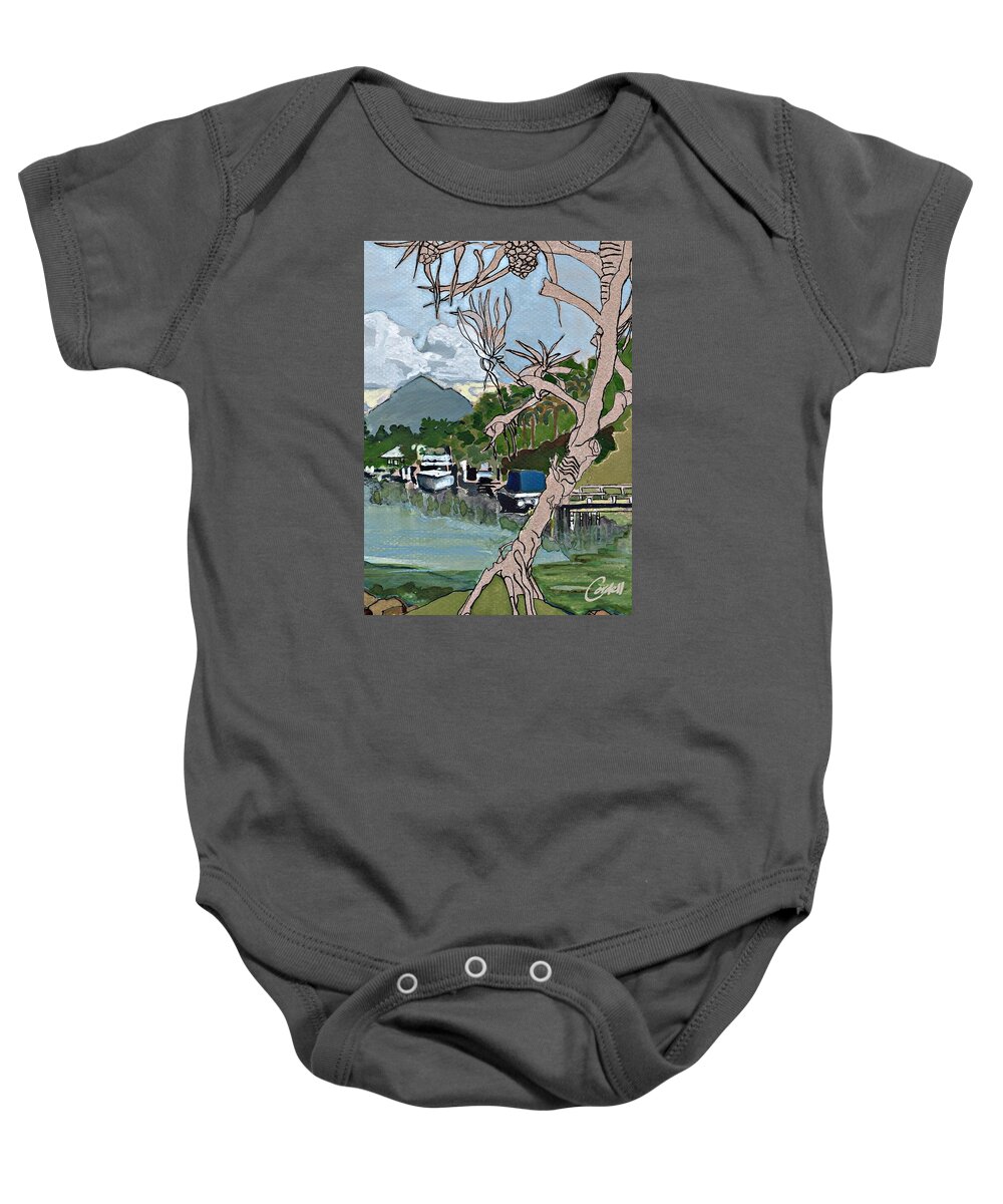 Noosa & Nearby Baby Onesie featuring the painting Mt Cooroy from Noosa Sound by Joan Cordell