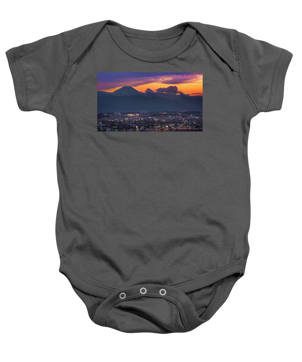 Mt. Fuji Baby Onesie featuring the photograph Mt. Fuji and Tokyo at night by Ponte Ryuurui
