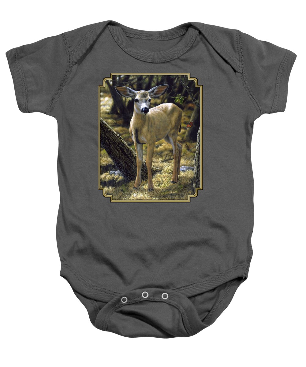 Deer Baby Onesie featuring the painting Mule Deer Fawn - Monarch Moment by Crista Forest