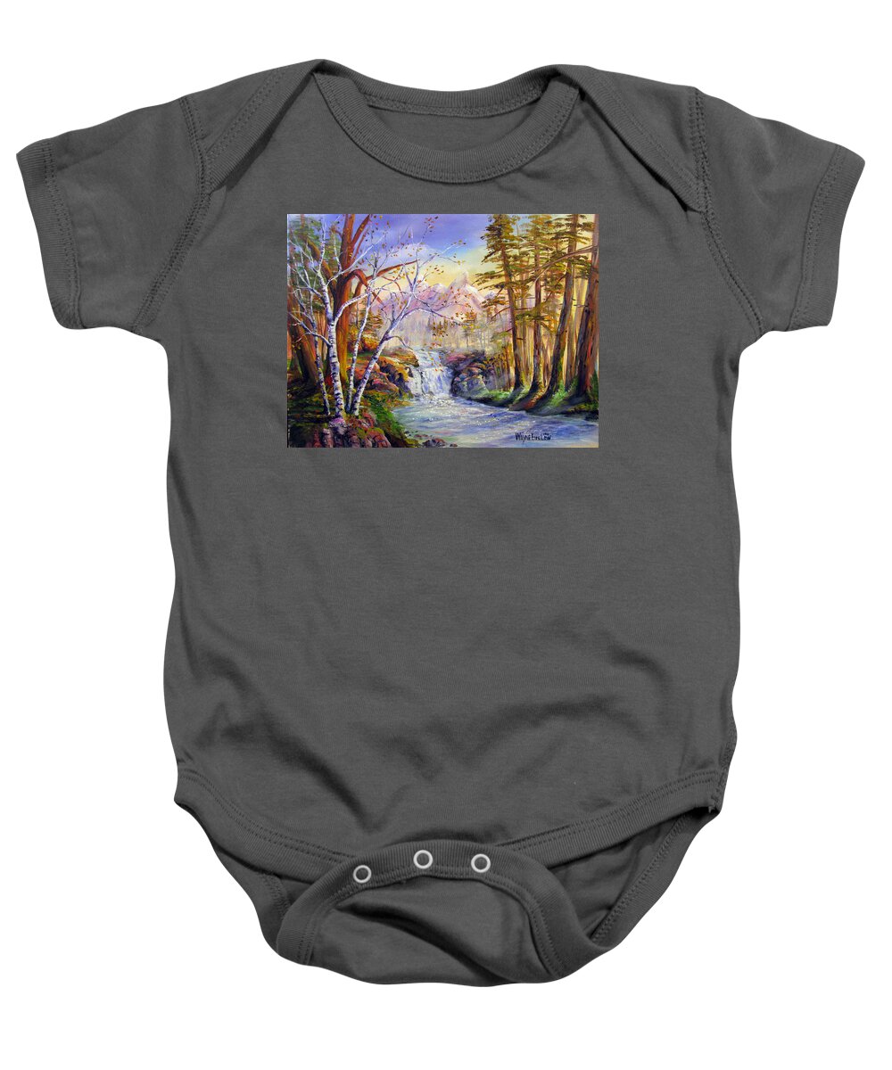 Landscape Baby Onesie featuring the painting Mystic Mountain Stream by Wayne Enslow