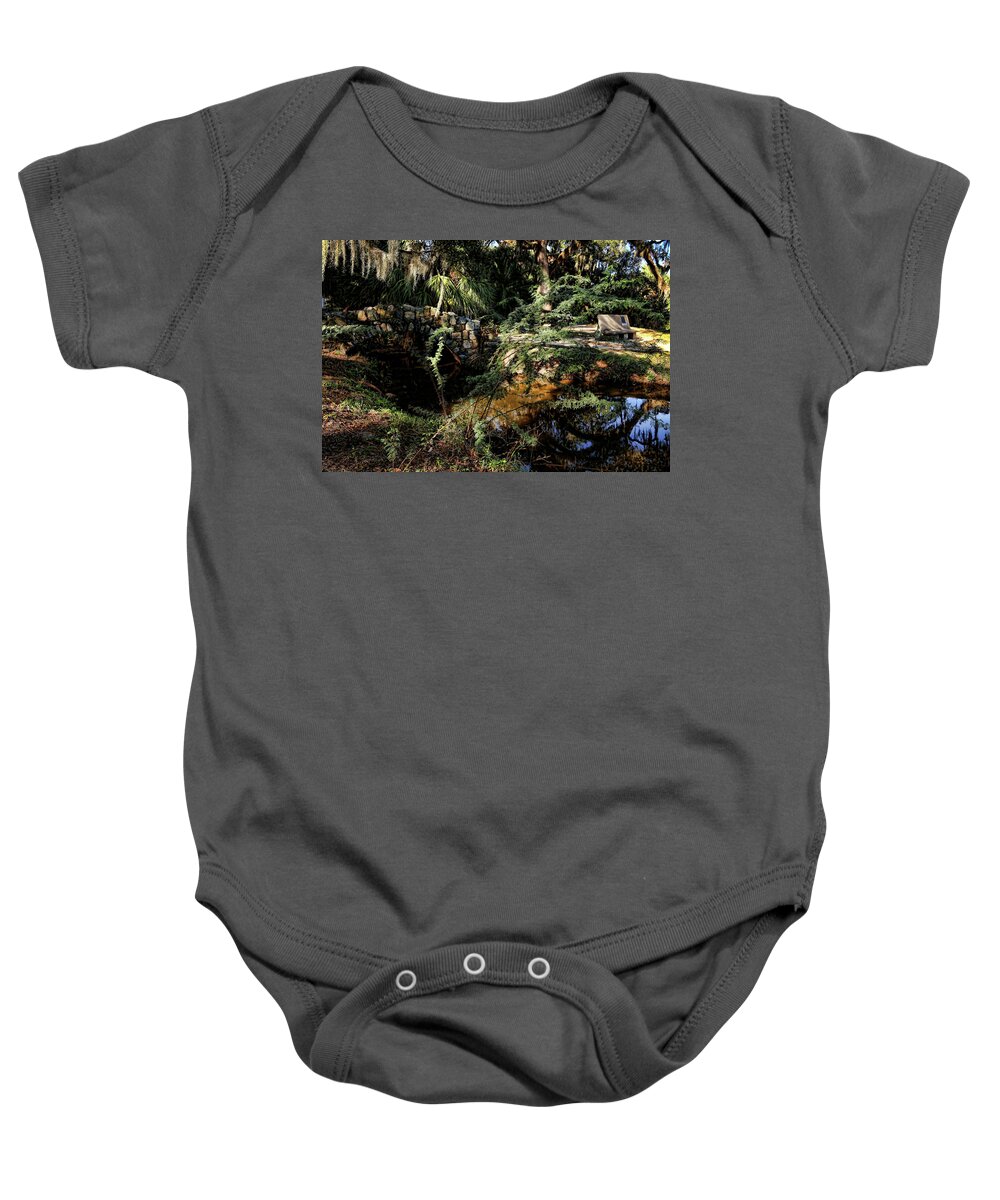 New Orleans Baby Onesie featuring the photograph New Orleans City Park Bridge and Bench by Judy Vincent