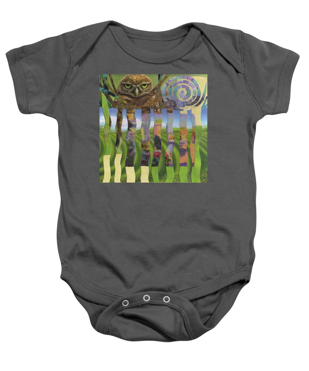 Owls Baby Onesie featuring the mixed media New Traditions by Anne Katzeff