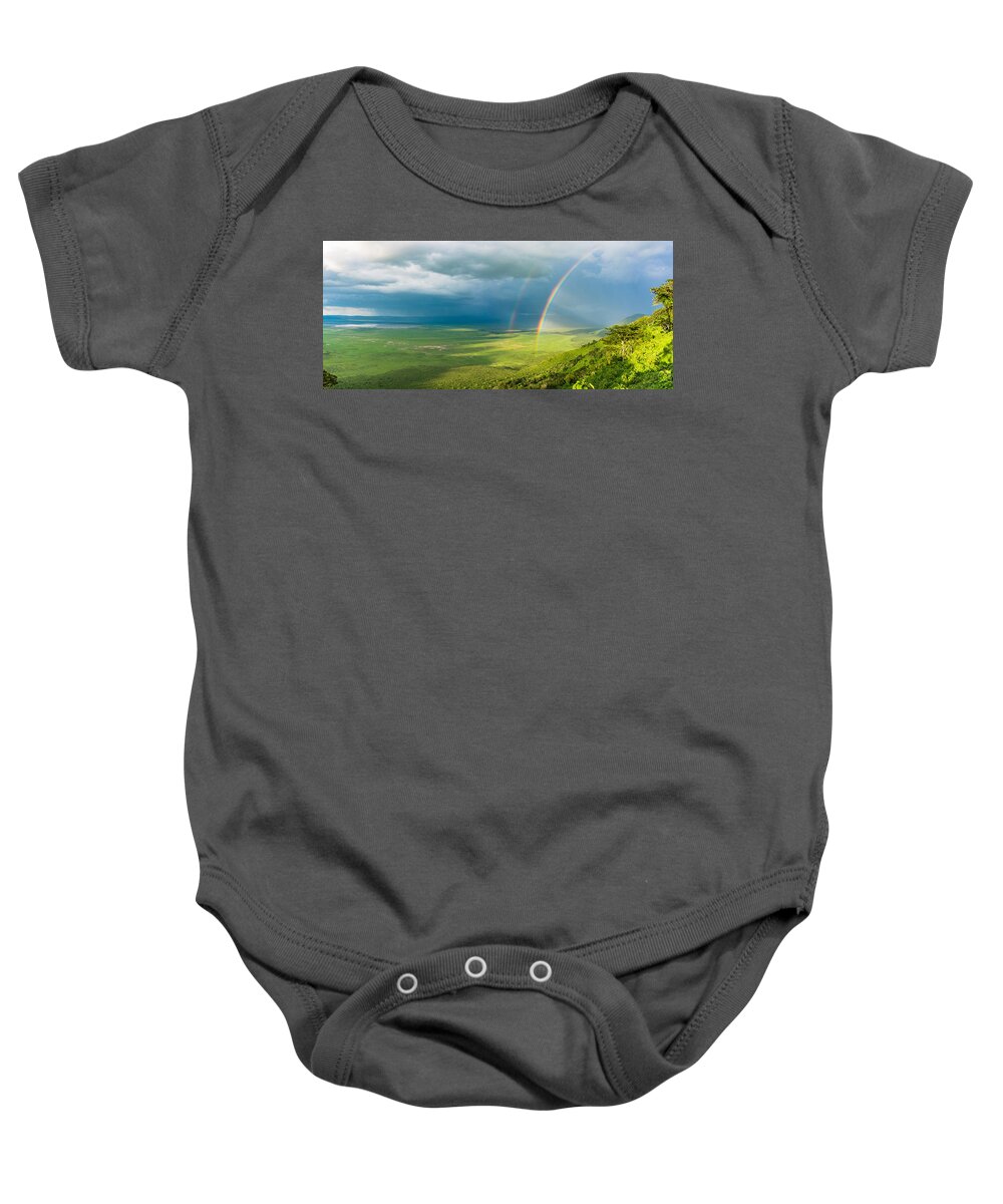 Double Baby Onesie featuring the photograph Ngorondgora Crater with double rainbow in Tanzania Africa by Ann Moore