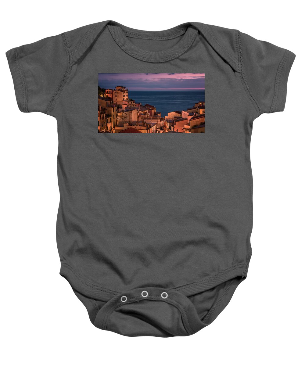 Cinque Terre Baby Onesie featuring the photograph Night Falls in Riomaggiore Cinque Terre Italy by Joan Carroll