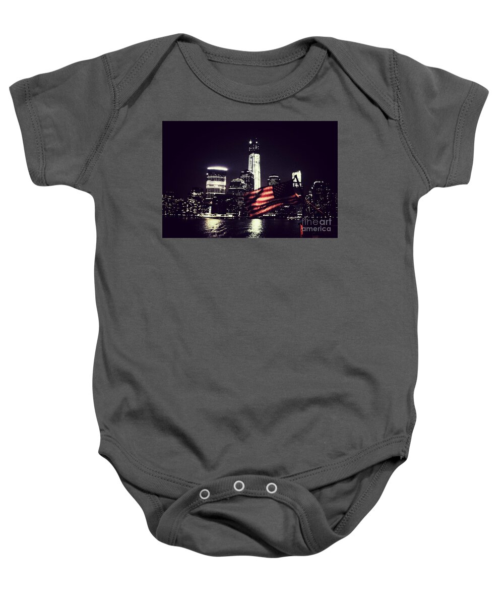 New York City Skyline Baby Onesie featuring the photograph Night Flag by HELGE Art Gallery