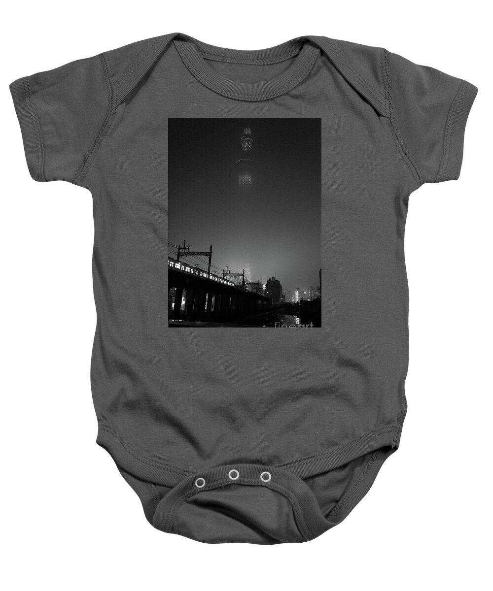  Black Baby Onesie featuring the photograph Night Skytree, Asakusa Tokyo, Japan by Perry Rodriguez