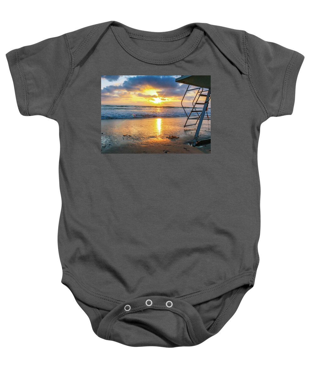 Beach Baby Onesie featuring the photograph No Lifeguard on Duty by Alison Frank