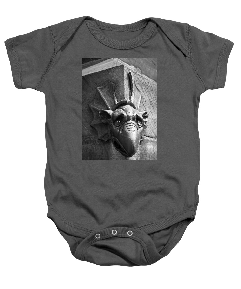Alsace Baby Onesie featuring the photograph North Portal Mascaron B W by Teresa Mucha