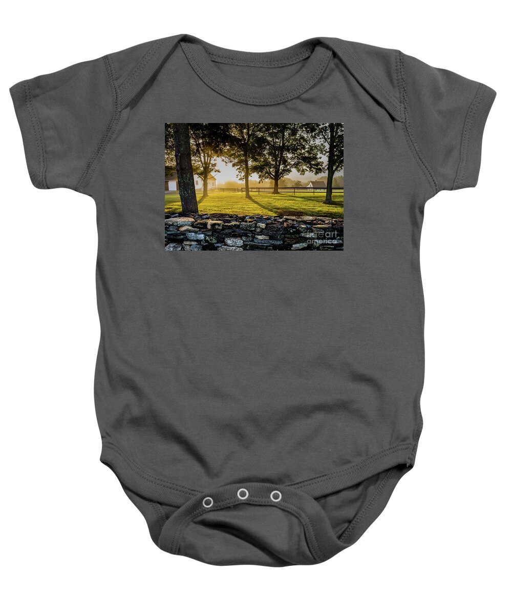 Morning Baby Onesie featuring the photograph North Road Fog by Jim Gillen