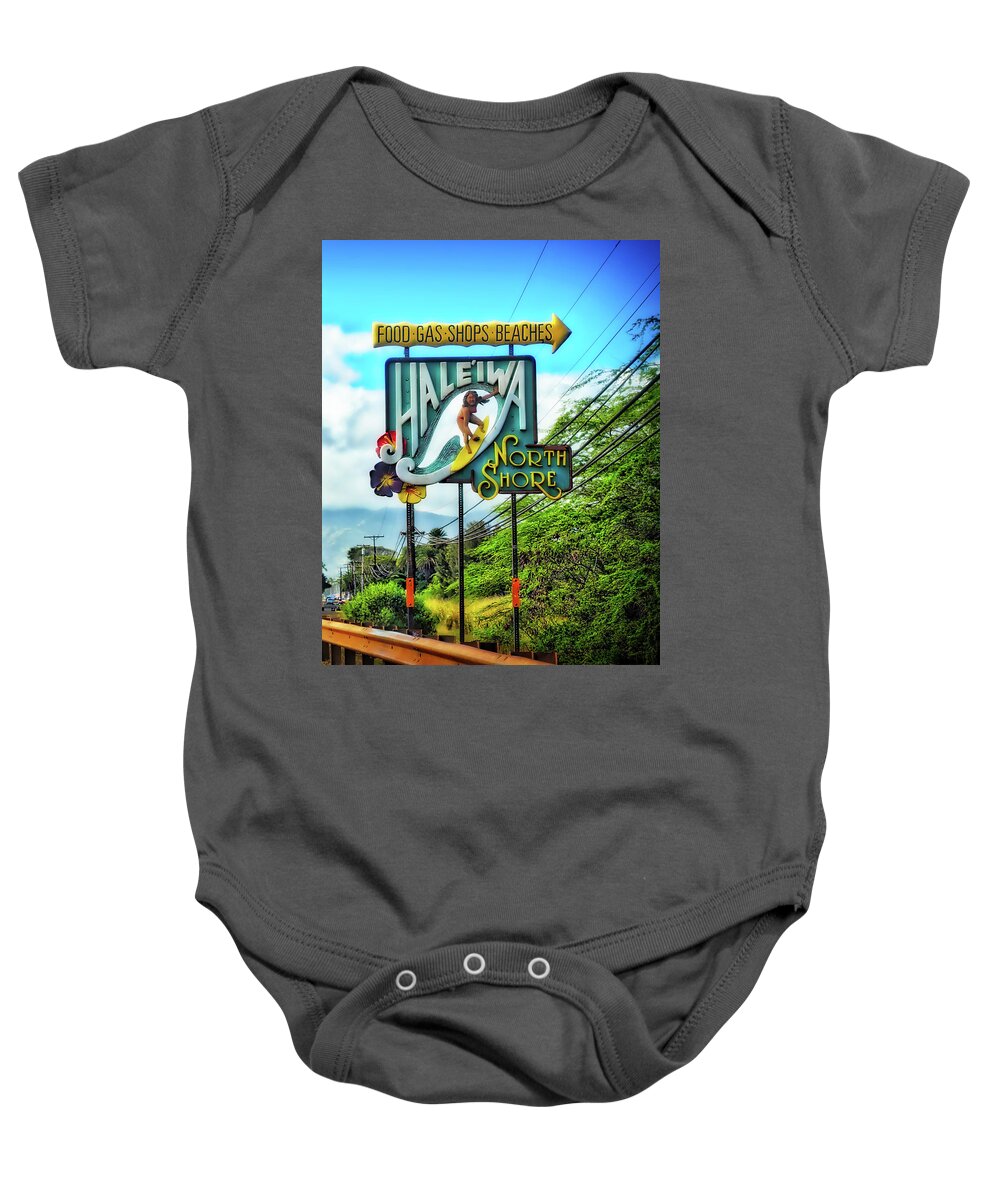 North Shore Baby Onesie featuring the photograph North Shore's Hale'iwa Sign by Jim Albritton