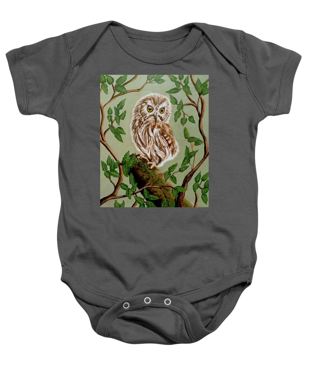Painting Baby Onesie featuring the painting Northern Saw-Whet Owl by Teresa Wing