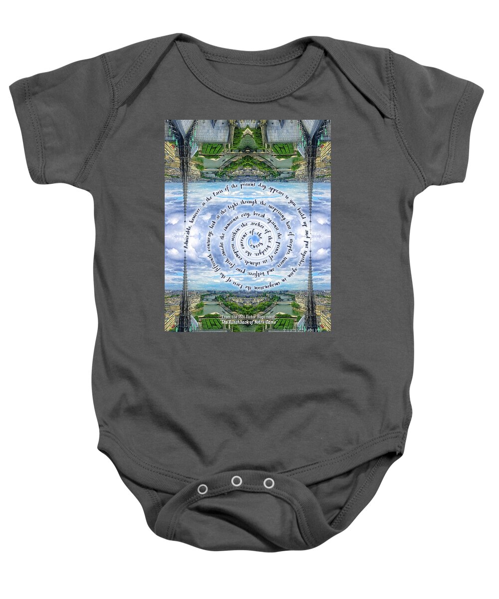 Literary Baby Onesie featuring the photograph Notre-Dame Cathedral Spire Paris Victor Hugo Novel by Beverly Claire Kaiya