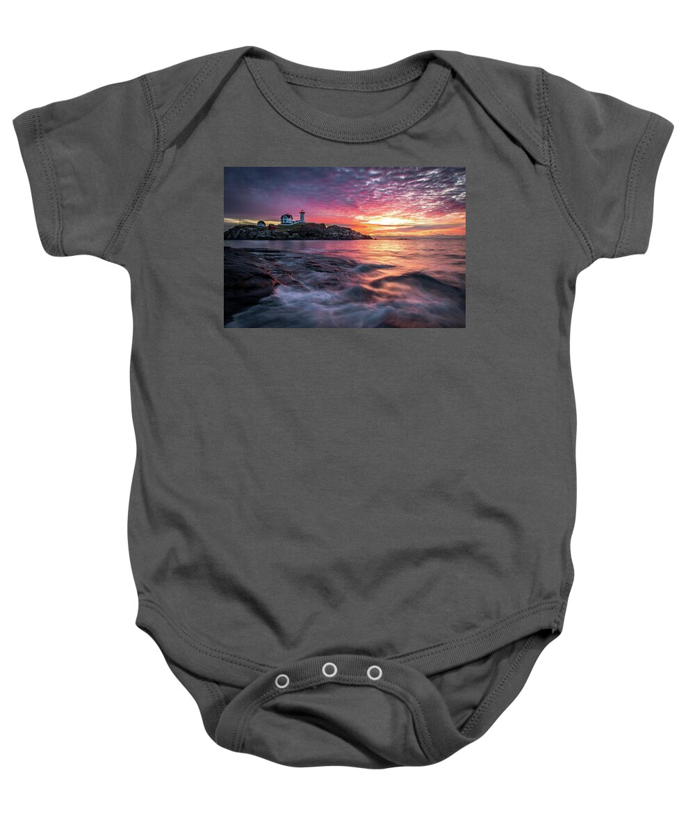 Maine Baby Onesie featuring the photograph Nubble Sunrise by Colin Chase