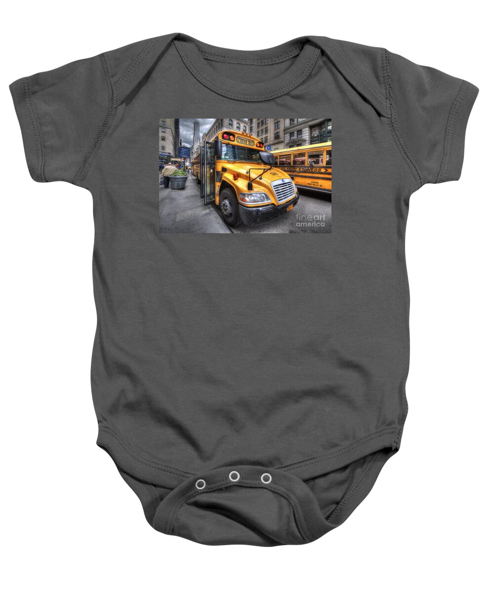 Yhun Suarez Baby Onesie featuring the photograph NYC School Bus by Yhun Suarez
