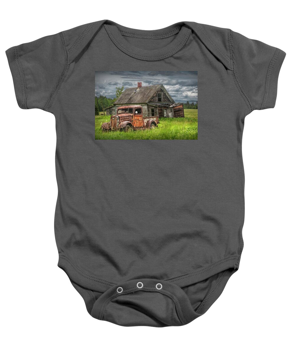 Landscape Baby Onesie featuring the photograph Old Abandoned Pickup by run down Farm House by Randall Nyhof