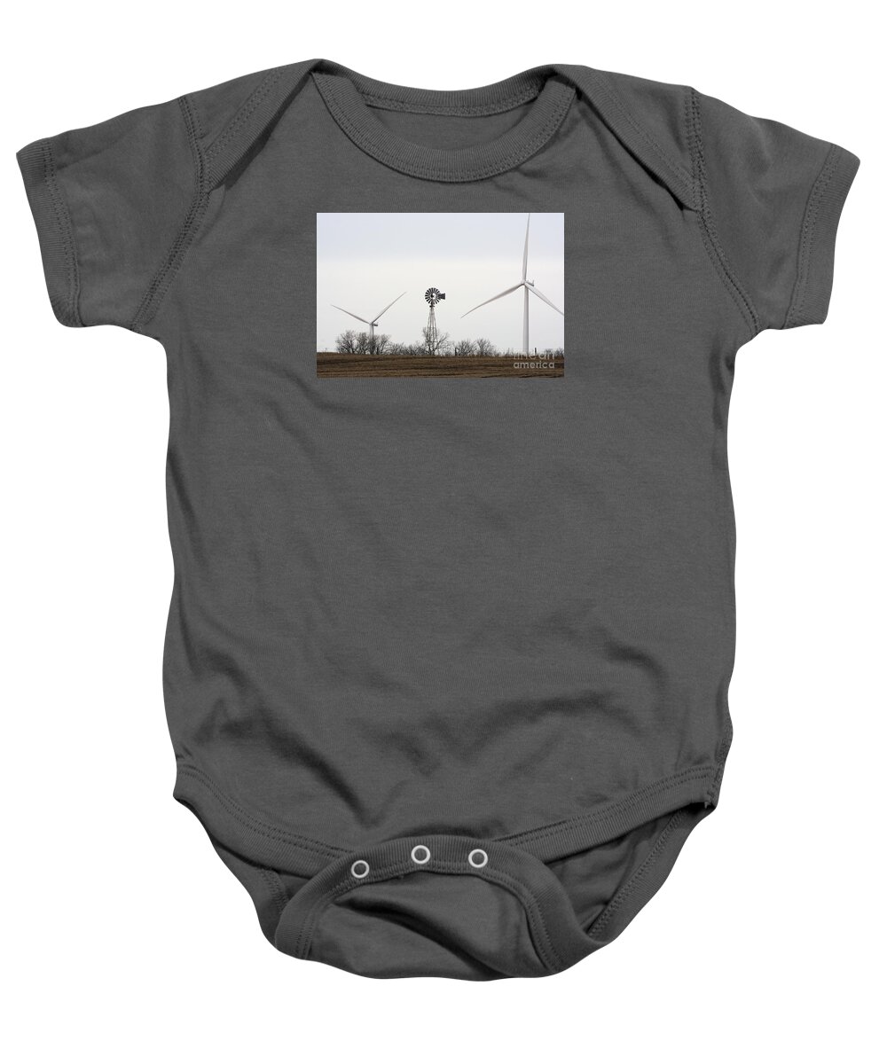 Wind Mill Windmill Power Generation Electric Electrical Electricity Baby Onesie featuring the photograph Old and New Technologies 5319 by Ken DePue