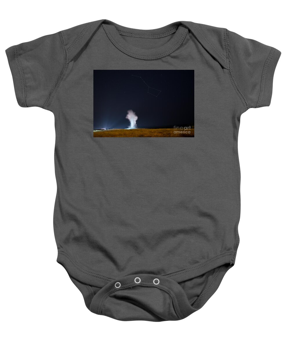 Old Faithful Baby Onesie featuring the photograph Old Faithful Night Eruption Under The Big Dipper by Michael Ver Sprill