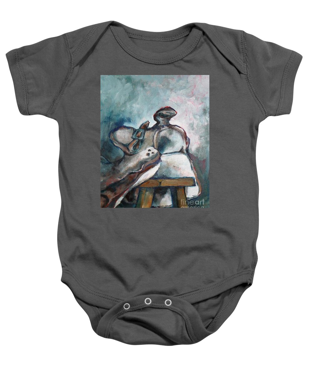 Saddle Tack Bench Old Western Equestrian Still Life Acrylic Baby Onesie featuring the painting Old Saddle by Cheryl Emerson Adams