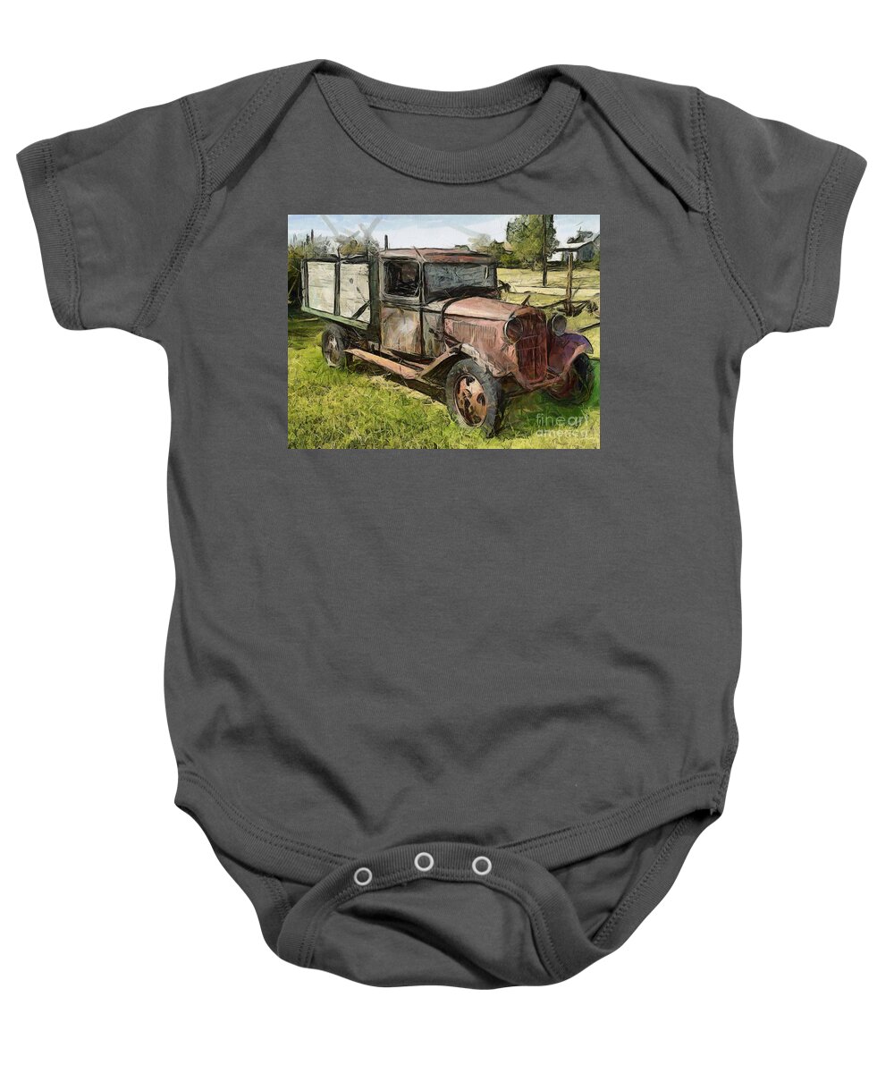 Old Truck Baby Onesie featuring the painting Old Timer by Murphy Elliott