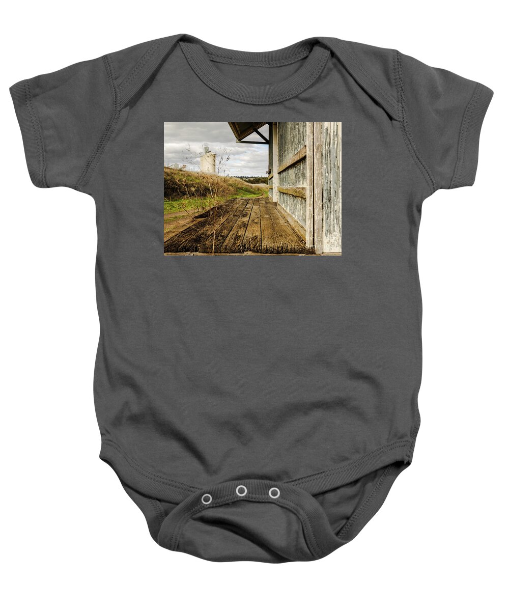 Forgotten Silos And Building In Rural Merriwa By Lexa Harpell Baby Onesie featuring the photograph Old Train Stop by Lexa Harpell