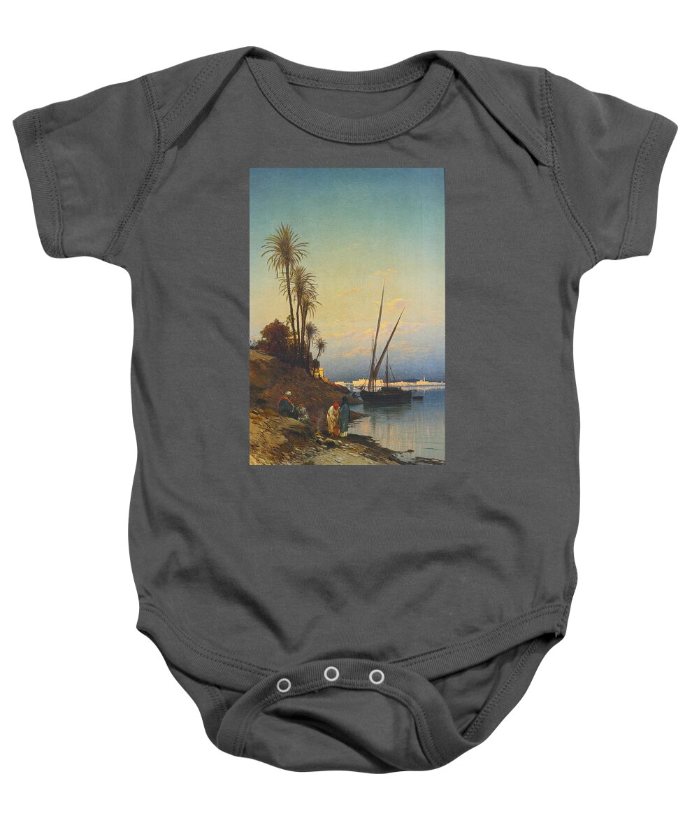 Hermann Corrodi Baby Onesie featuring the painting On the Banks of the Nile by Hermann Corrodi