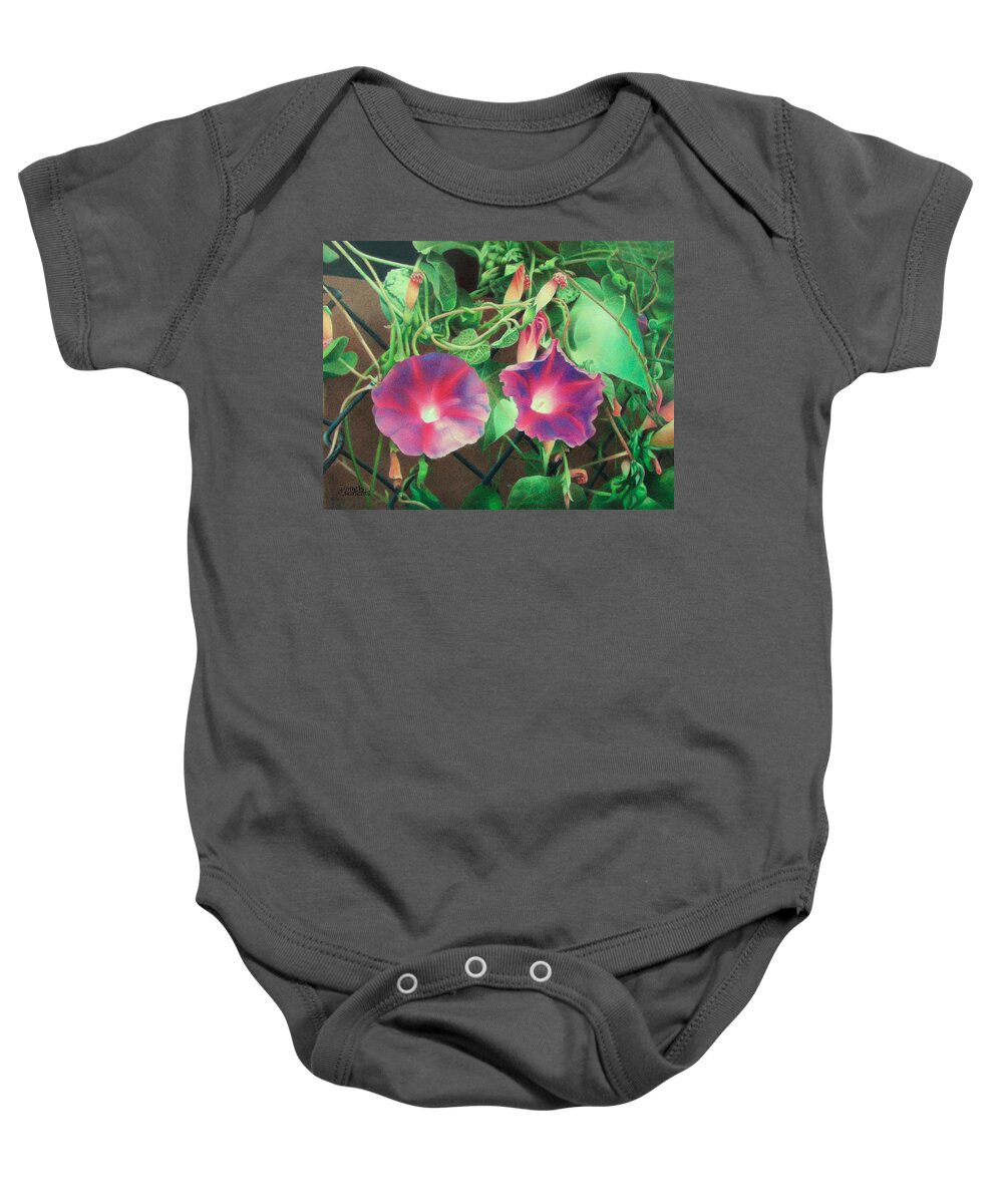 Flowers Baby Onesie featuring the drawing On The Fence by Pamela Clements