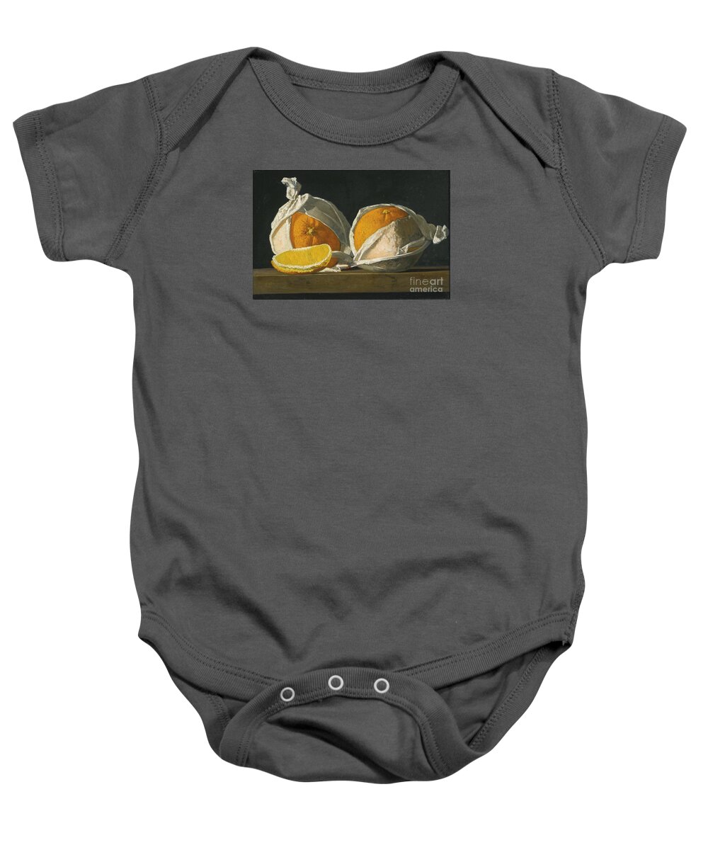 John Frederick Peto 1854 - 1907 Oranges Wrapped. Oranges Baby Onesie featuring the painting Oranges Wrapped by MotionAge Designs