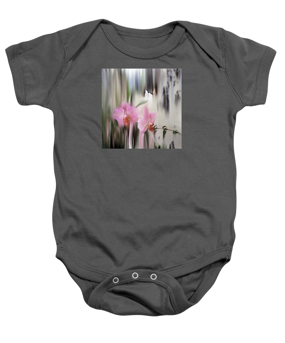 Orchids Baby Onesie featuring the digital art Orchids with dragonflies by Sand And Chi
