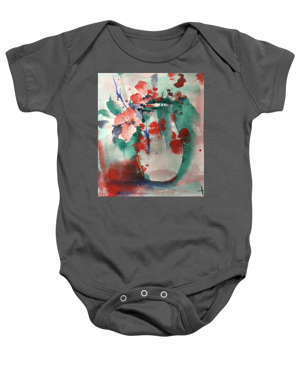 Orientalist Baby Onesie featuring the painting Oriental Brush Flowers and Vase by Robin Miller-Bookhout