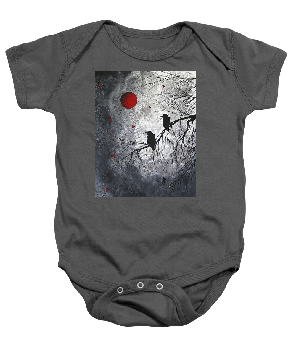 Birds Baby Onesie featuring the painting Original Abstract Surreal Raven Red Blood Moon Painting The Overseers by MADART by Megan Aroon