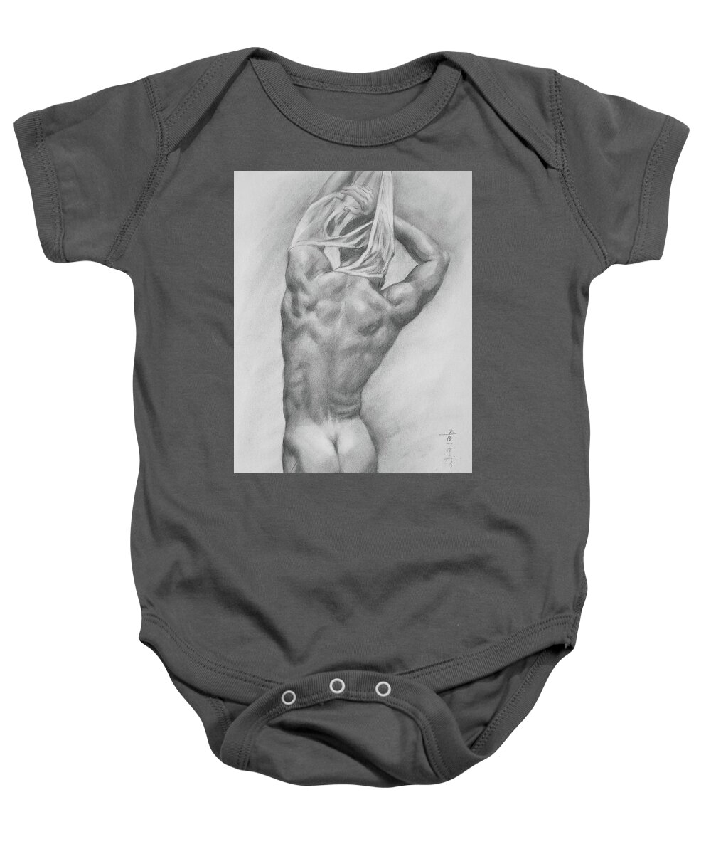Charcoal Baby Onesie featuring the drawing Original Charcoal Drawing Art Male Nude On Paper #16-3-10-13 by Hongtao Huang