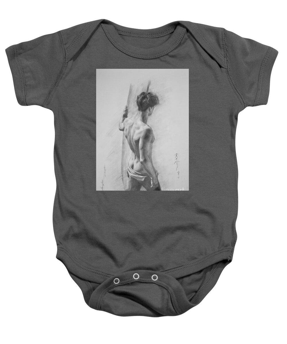Drawing Baby Onesie featuring the drawing Original Charcoal Drawing Art Male Nude On Paper #16-3-11-12 by Hongtao Huang