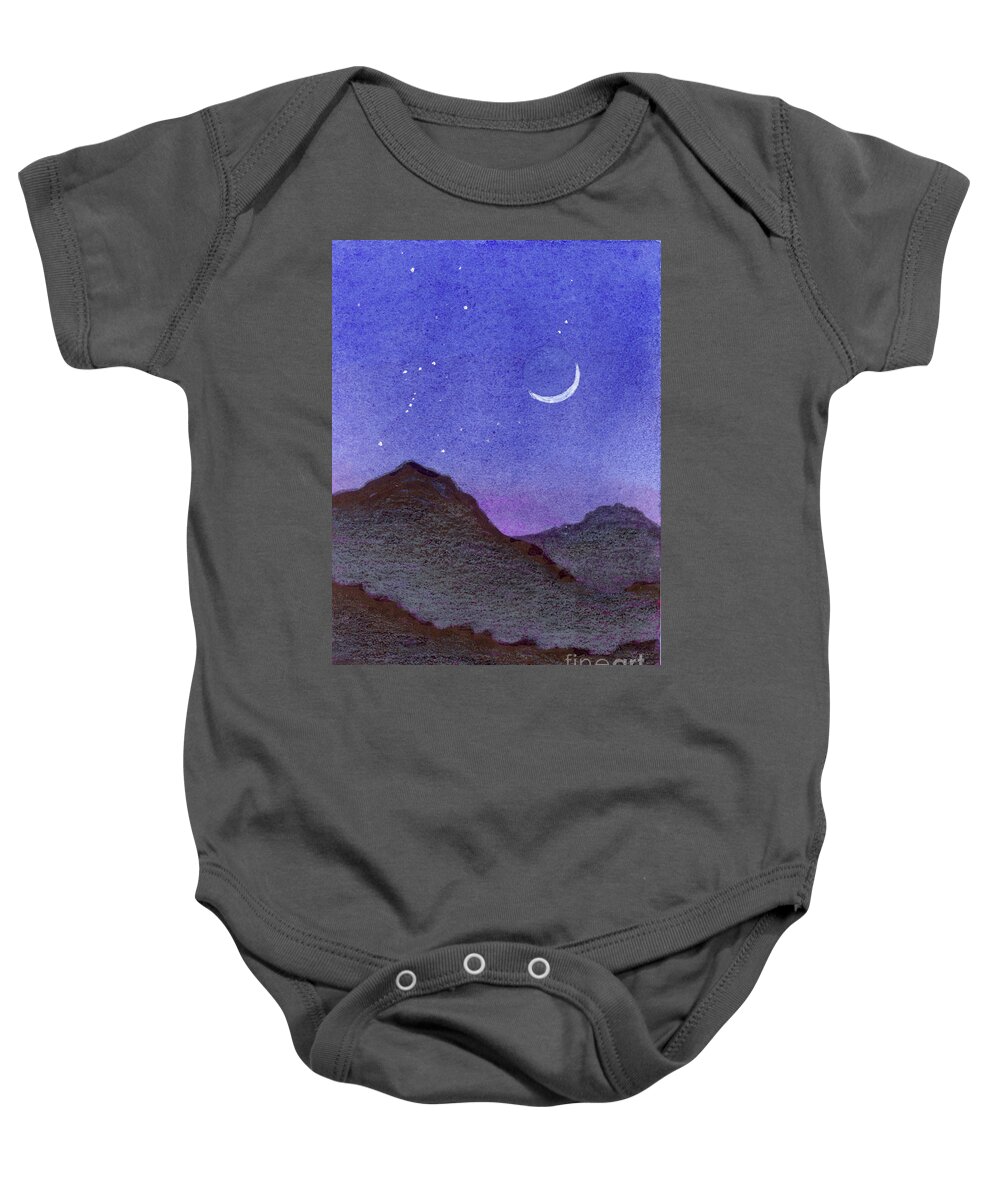 Watercolor Baby Onesie featuring the painting Orion and Crescent Moon Mountains by Jackie Irwin