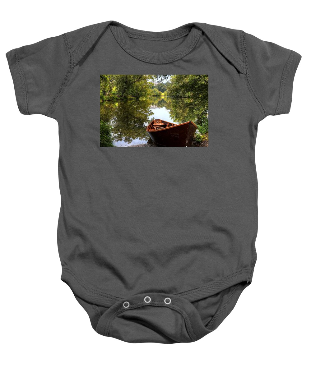 Lagoon Baby Onesie featuring the photograph Orvis Rowboat And Biltmore Reflection II by Carol Montoya
