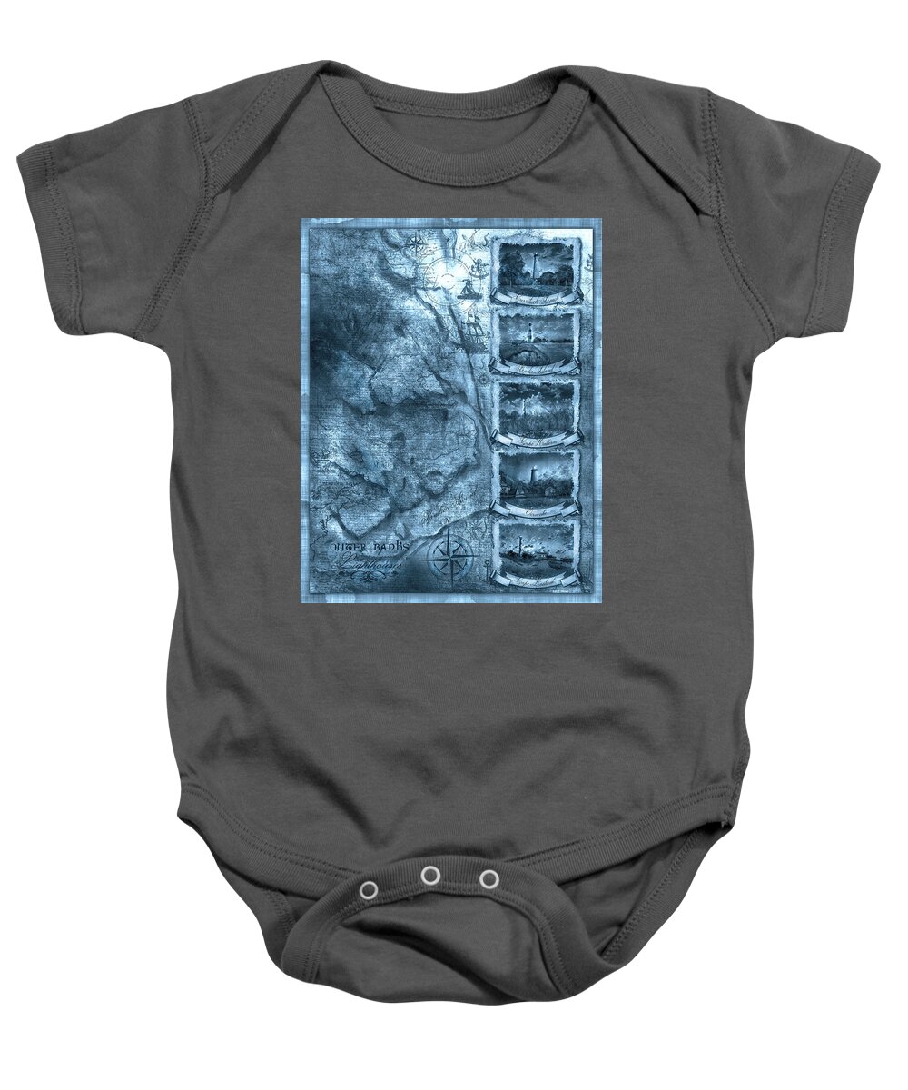 Lighthouse Baby Onesie featuring the painting Outer Banks Lightouse Map 2 by Bekim M