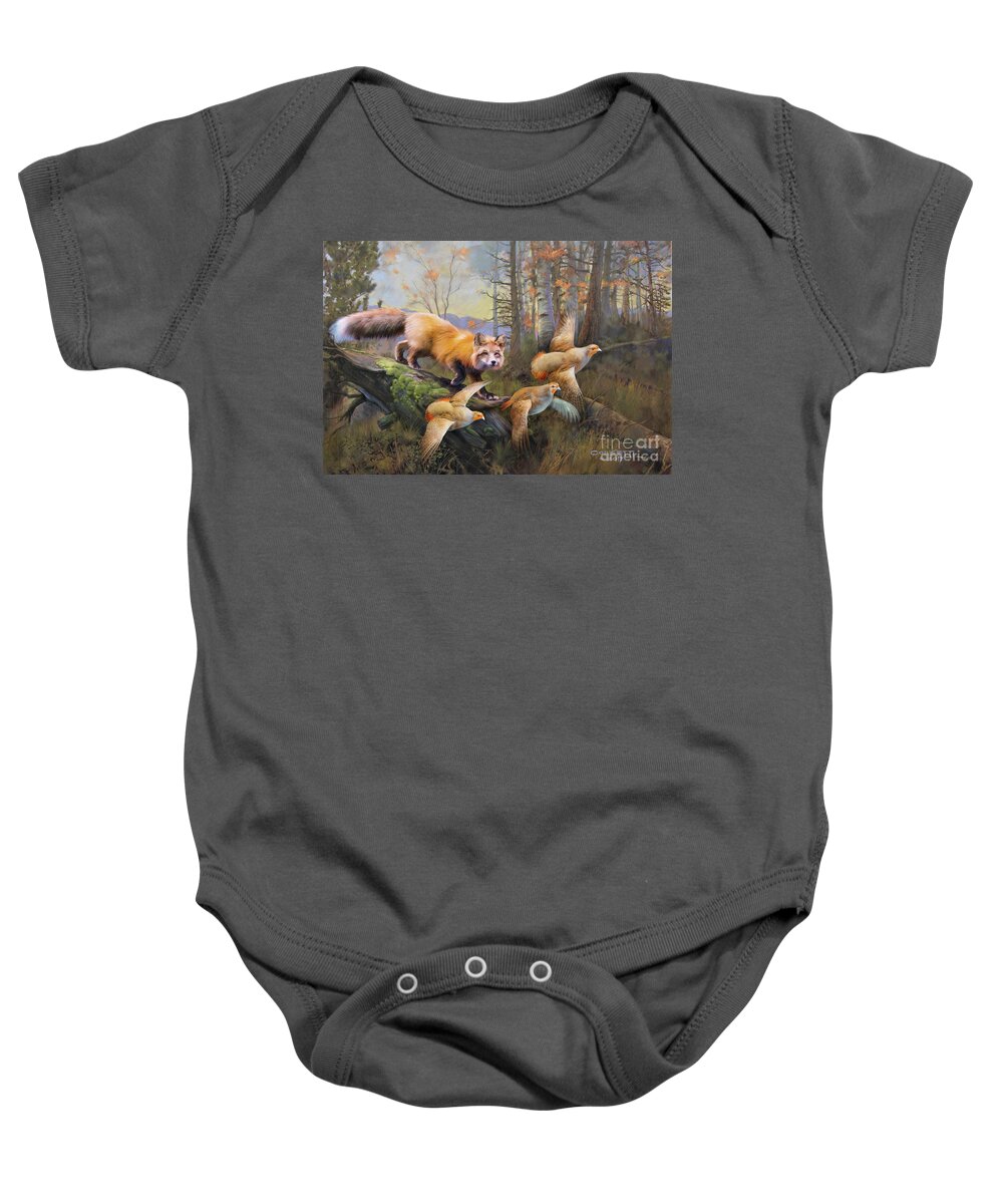 Fox Baby Onesie featuring the painting OutFoxed by Robert Corsetti