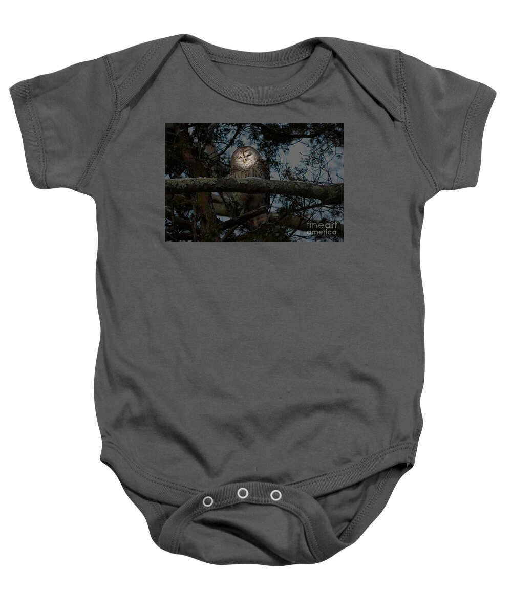Owl Baby Onesie featuring the photograph Owl Mystique by Dani McEvoy