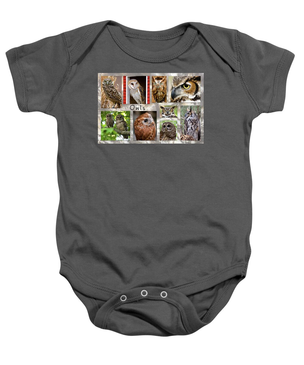 Owls Baby Onesie featuring the photograph Owl Photomontage by Jill Lang