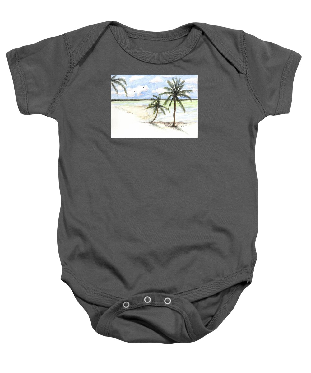 Palm Baby Onesie featuring the painting Palm trees on the Beach by Darren Cannell